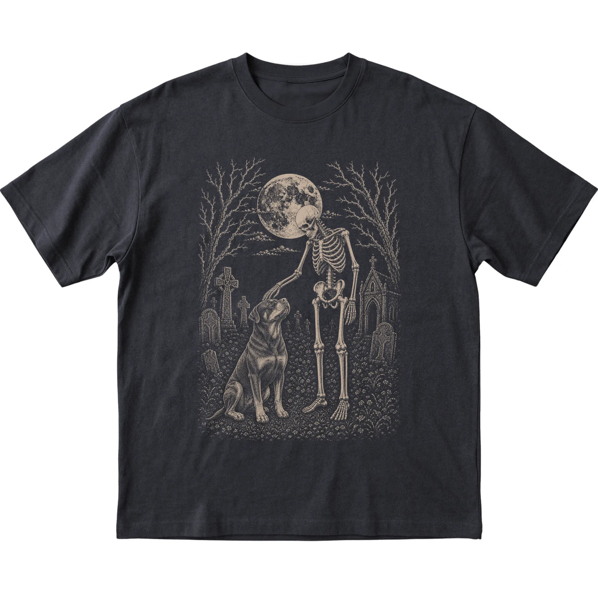 Skeleton petting a Rottweiler in a graveyard on a Black T-shirt