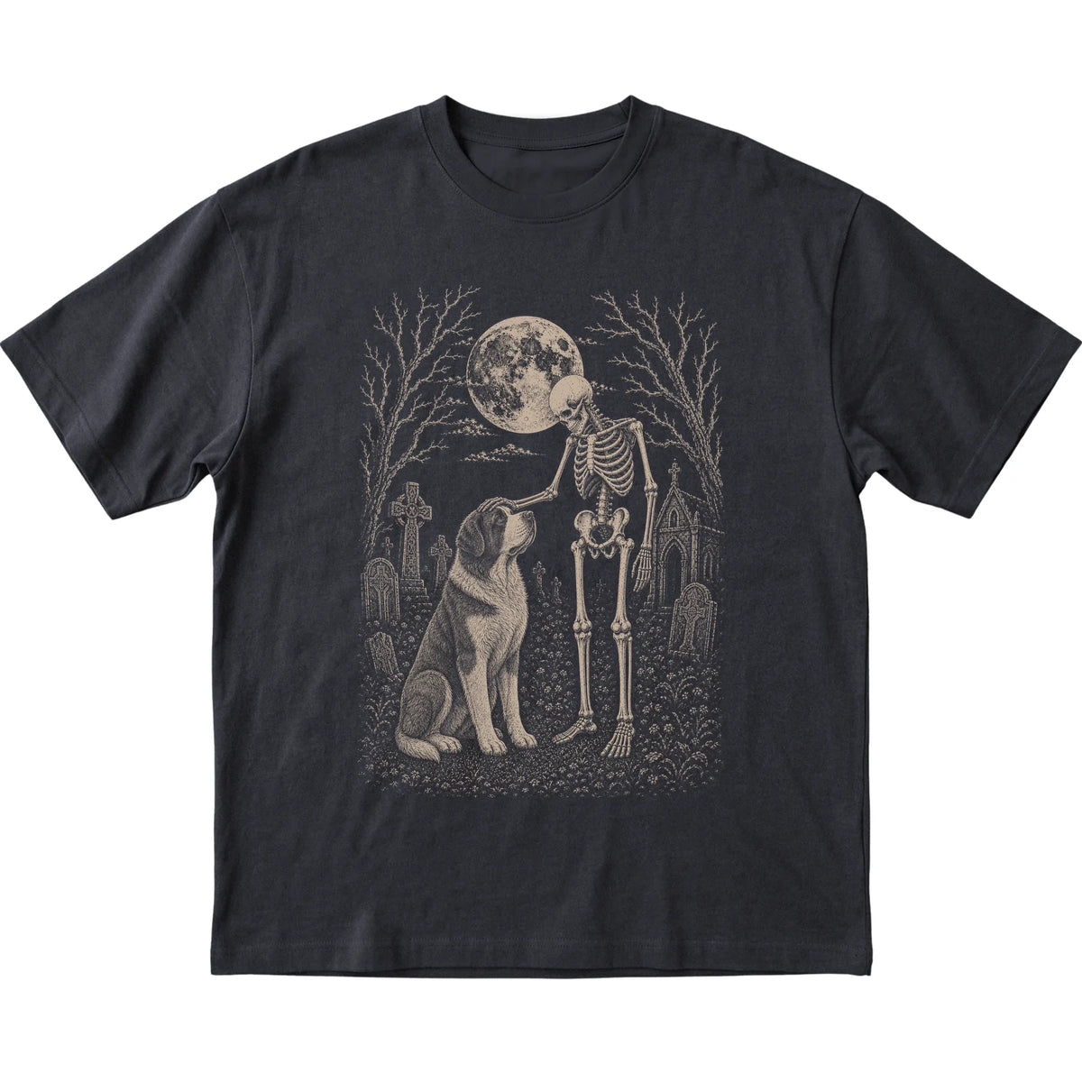 Skeleton petting a Saint Bernard in a graveyard on a Black T-shirt
