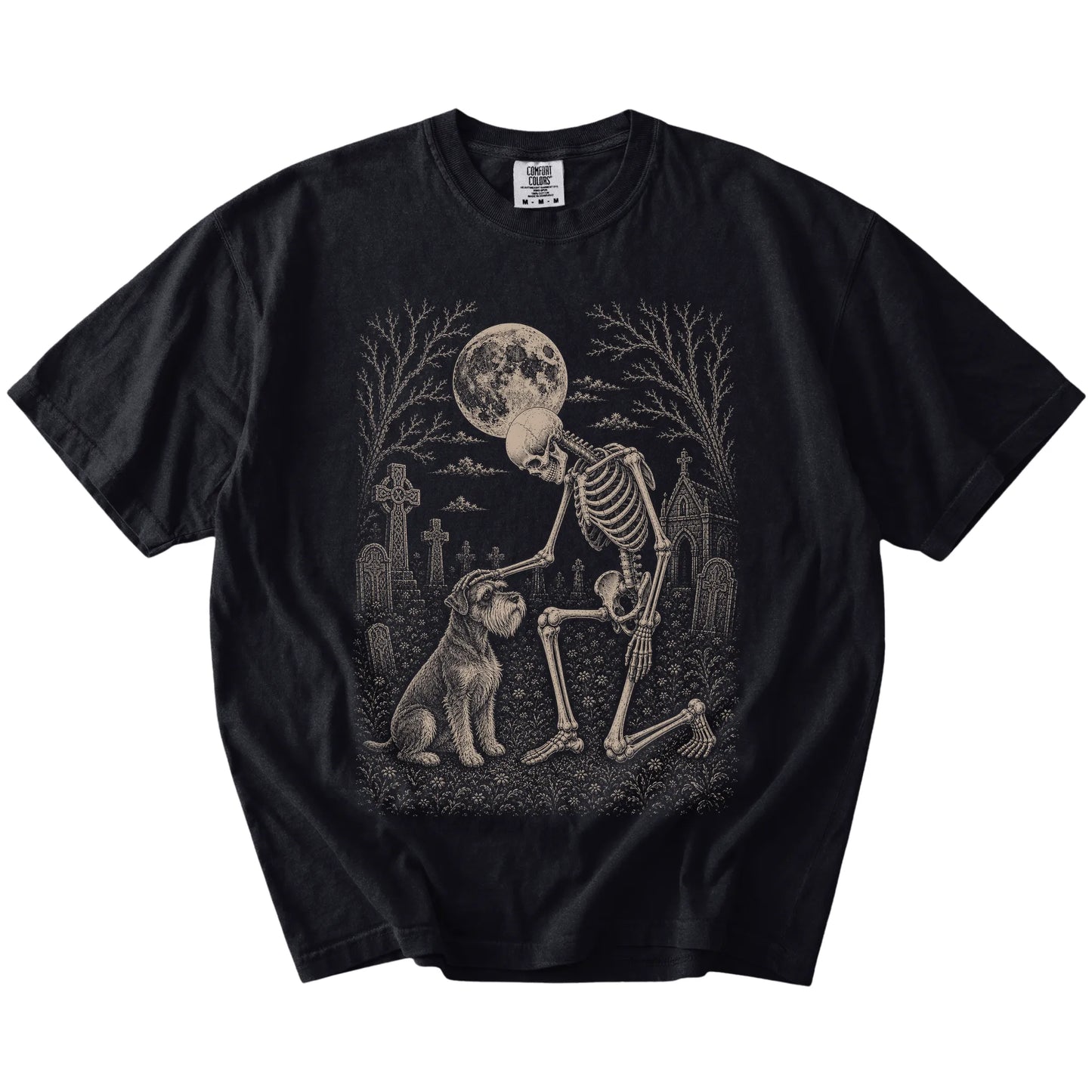 Schnauzer sharing a quiet cemetery moment with a friendly skeleton on a Black Comfort Colors® T-shirt