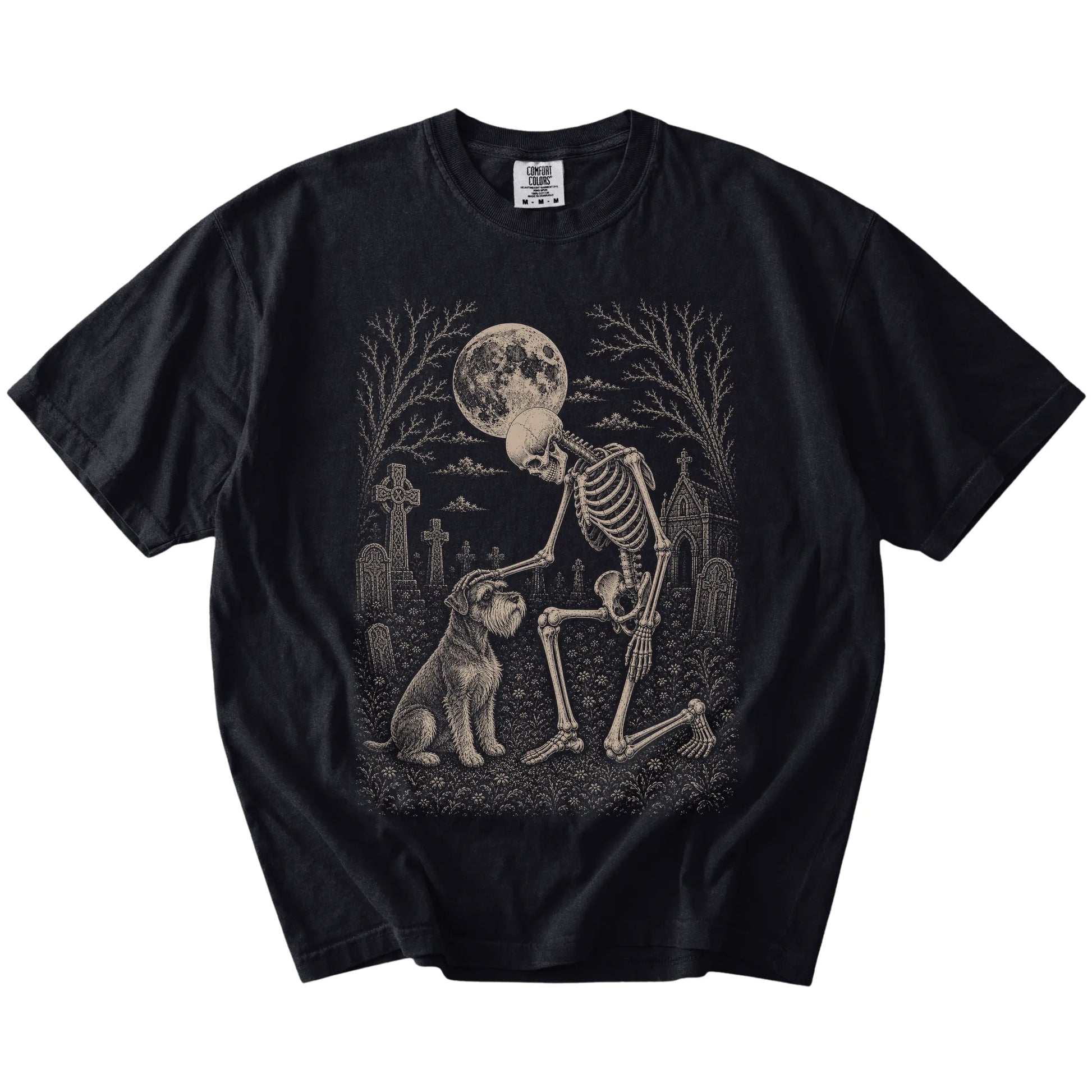 Schnauzer sharing a quiet cemetery moment with a friendly skeleton on a Black Comfort Colors® T-shirt