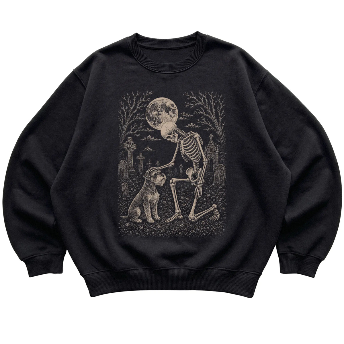 Skeleton petting a Schnauzer in a graveyard on a Black sweatshirt