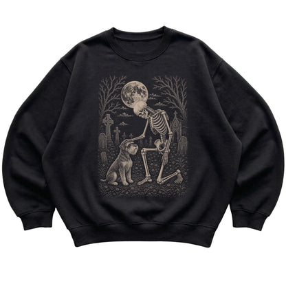 Skeleton petting a Schnauzer in a graveyard on a Black sweatshirt