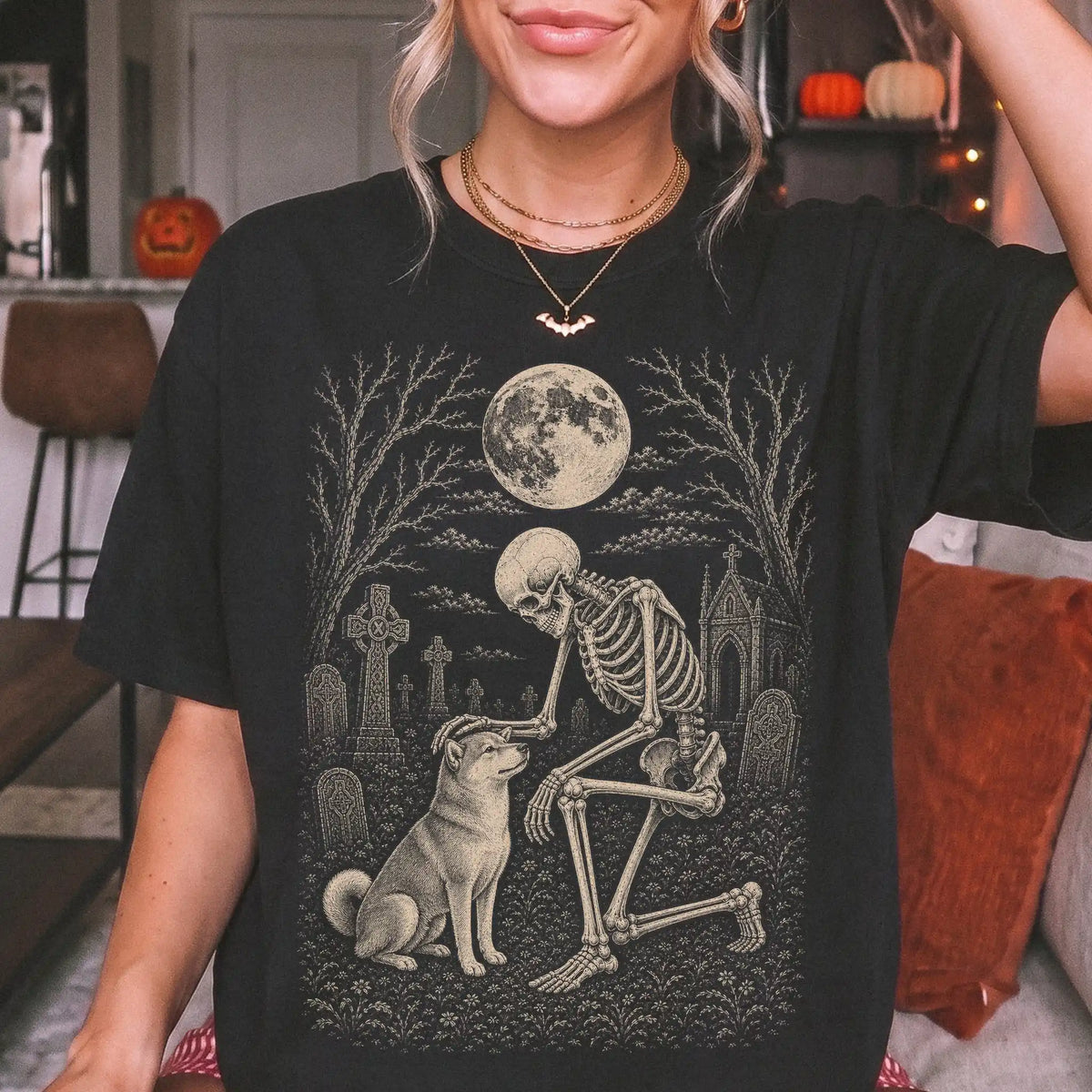 Model wearing a Black Comfort Colors® T-shirt showing Shiba Inu sharing a quiet cemetery moment with a friendly skeleton