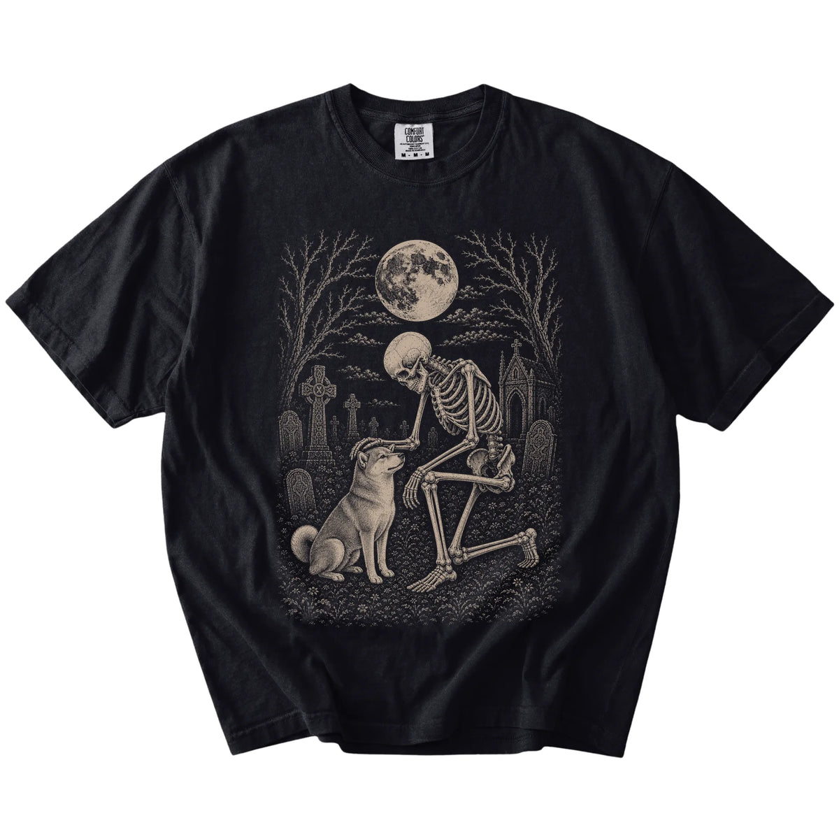 Shiba Inu sharing a quiet cemetery moment with a friendly skeleton on a Black Comfort Colors® T-shirt