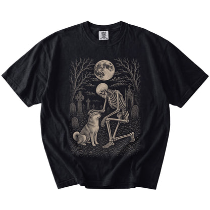 Shiba Inu sharing a quiet cemetery moment with a friendly skeleton on a Black Comfort Colors® T-shirt