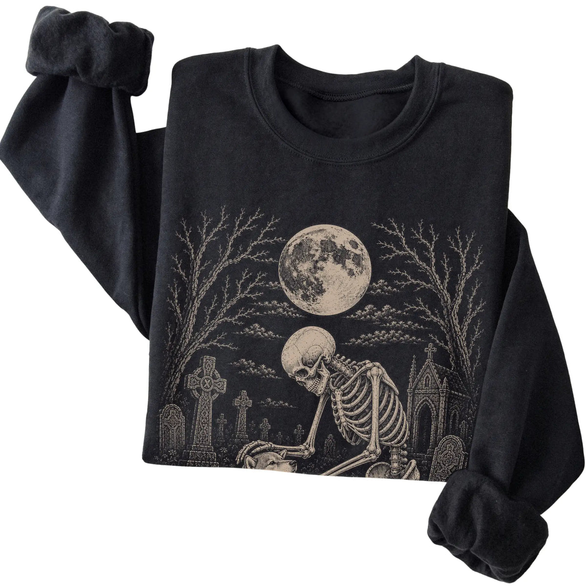 Folded Black sweatshirt with a skeleton petting a Shiba Inu in a graveyard