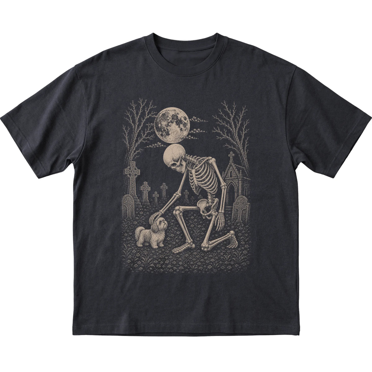 Skeleton petting a Shih Tzu in a graveyard on a Black T-shirt