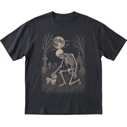 Skeleton petting a Shih Tzu in a graveyard on a Black T-shirt