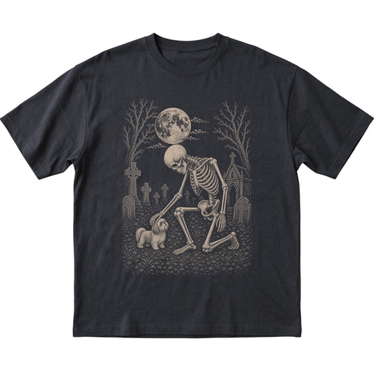 Skeleton petting a Shih Tzu in a graveyard on a Black T-shirt