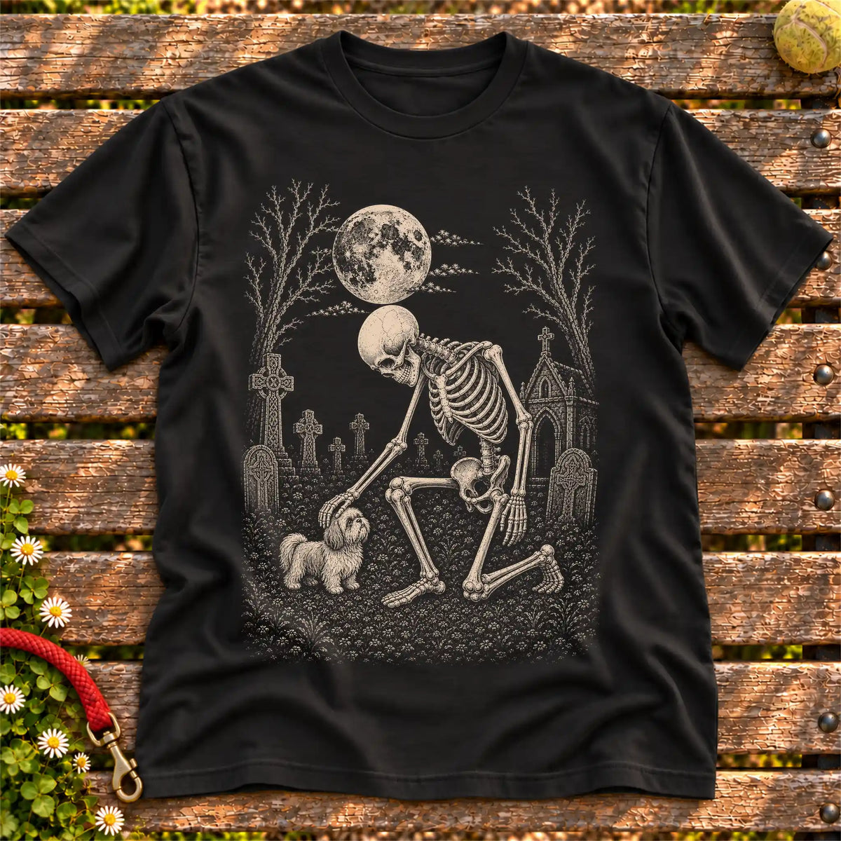 Shih Tzu Skeleton Petting on a Black T-shirt, shown flat