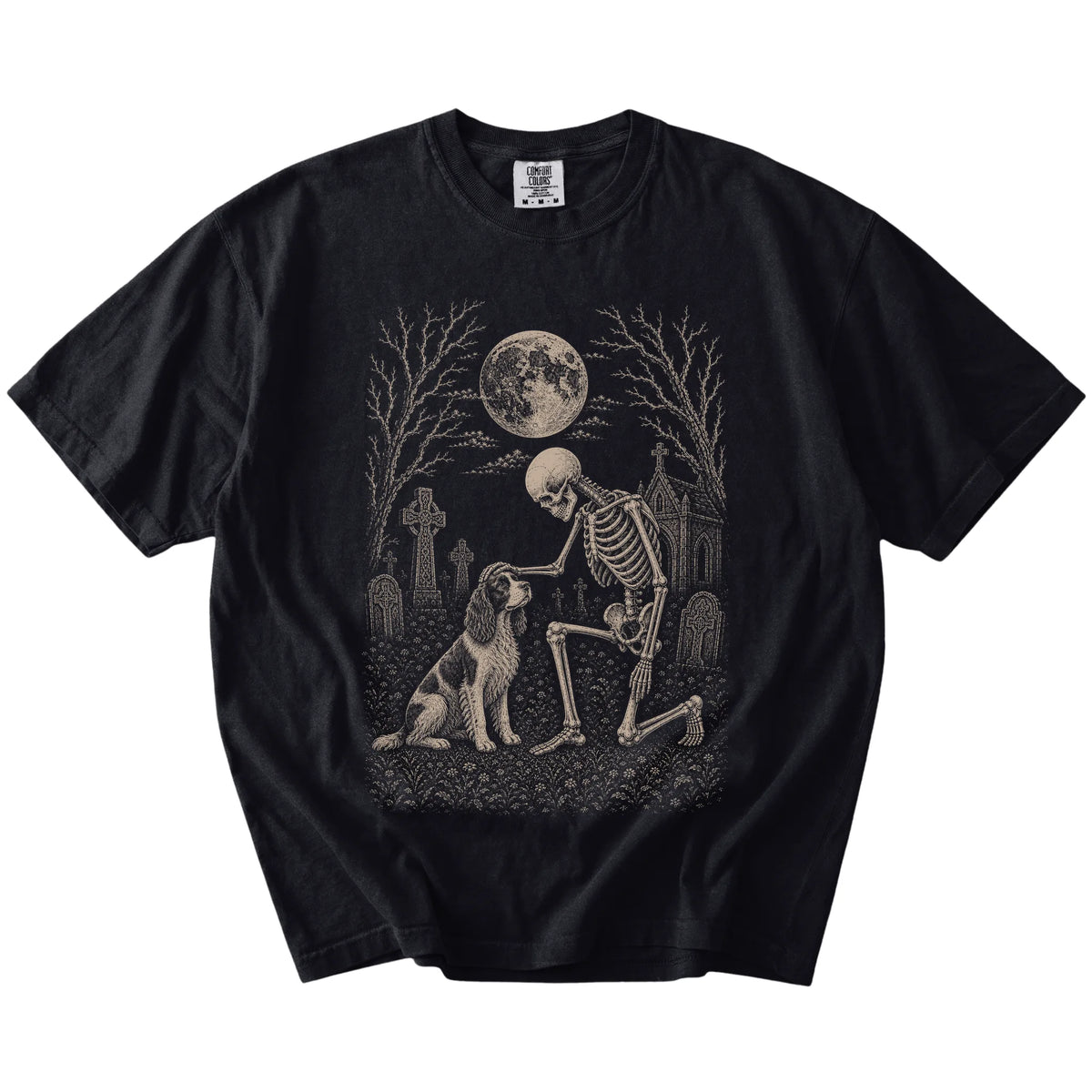 Springer Spaniel sharing a quiet cemetery moment with a friendly skeleton on a Black Comfort Colors® T-shirt