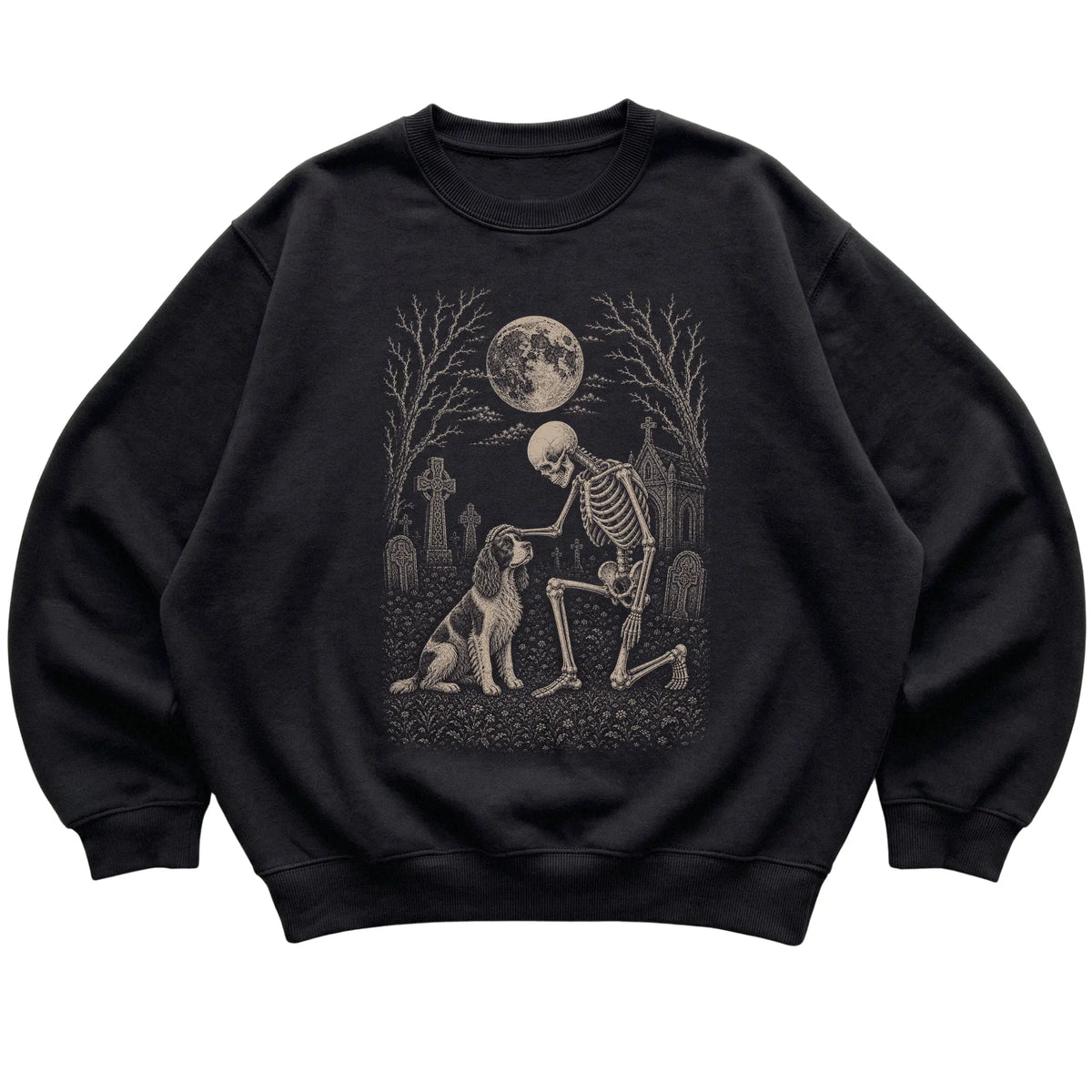 Skeleton petting a Springer Spaniel in a graveyard on a Black sweatshirt