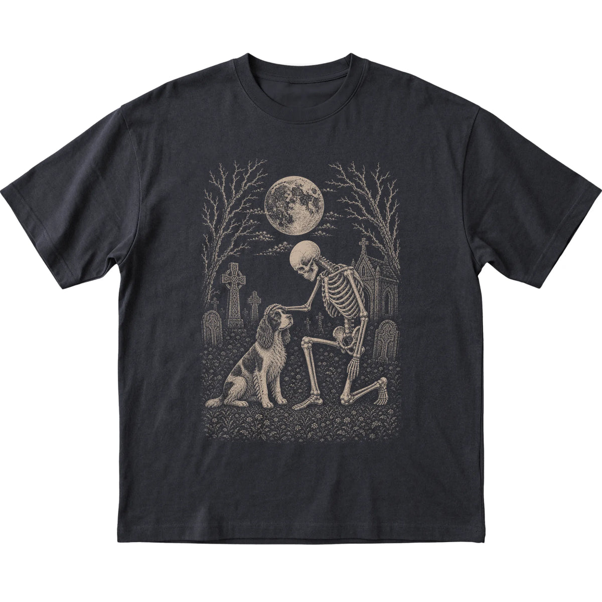 Skeleton petting a Springer Spaniel in a graveyard on a Black T-shirt