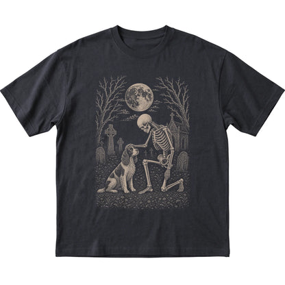 Skeleton petting a Springer Spaniel in a graveyard on a Black T-shirt