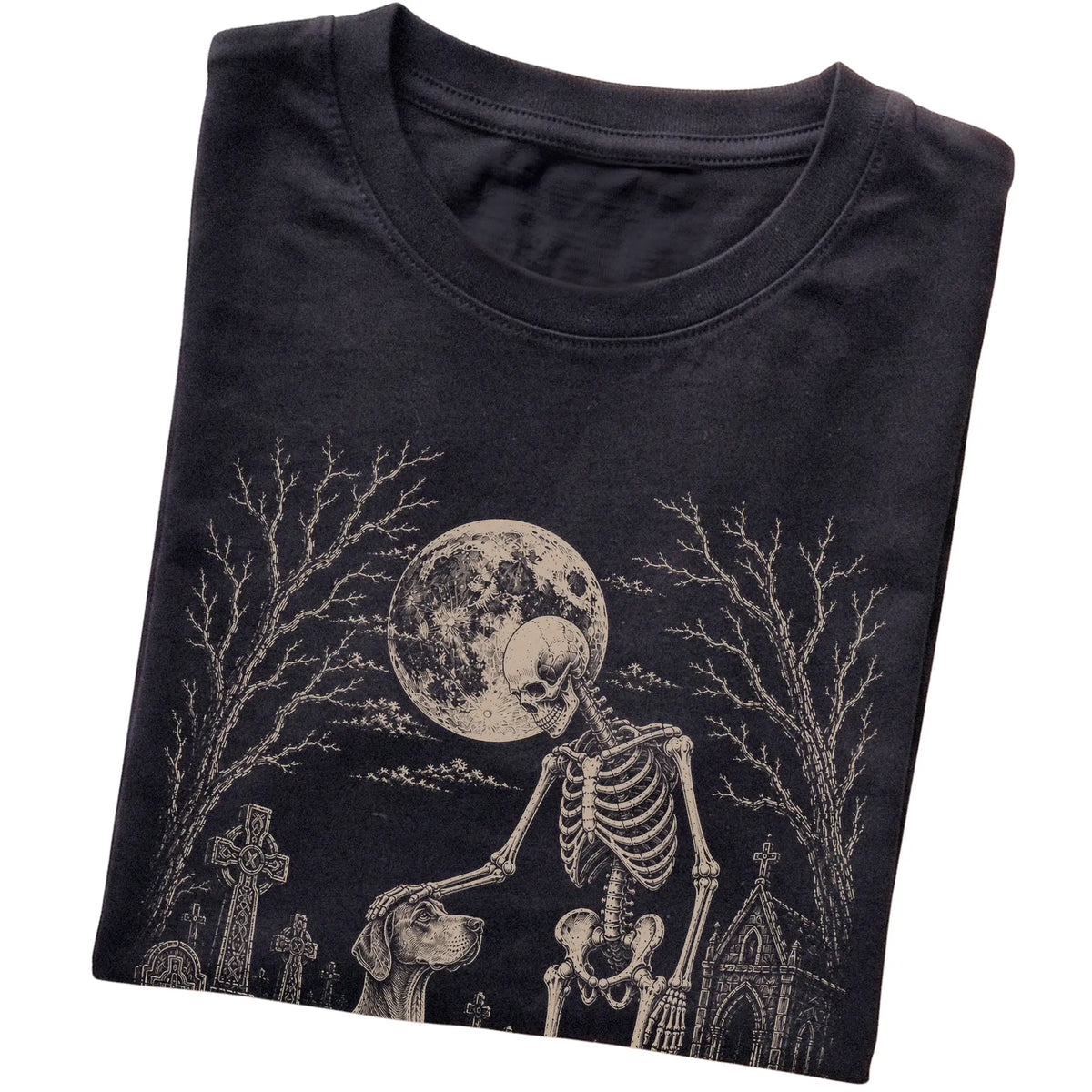 Folded Black T-shirt with a skeleton petting a Vizsla in a graveyard