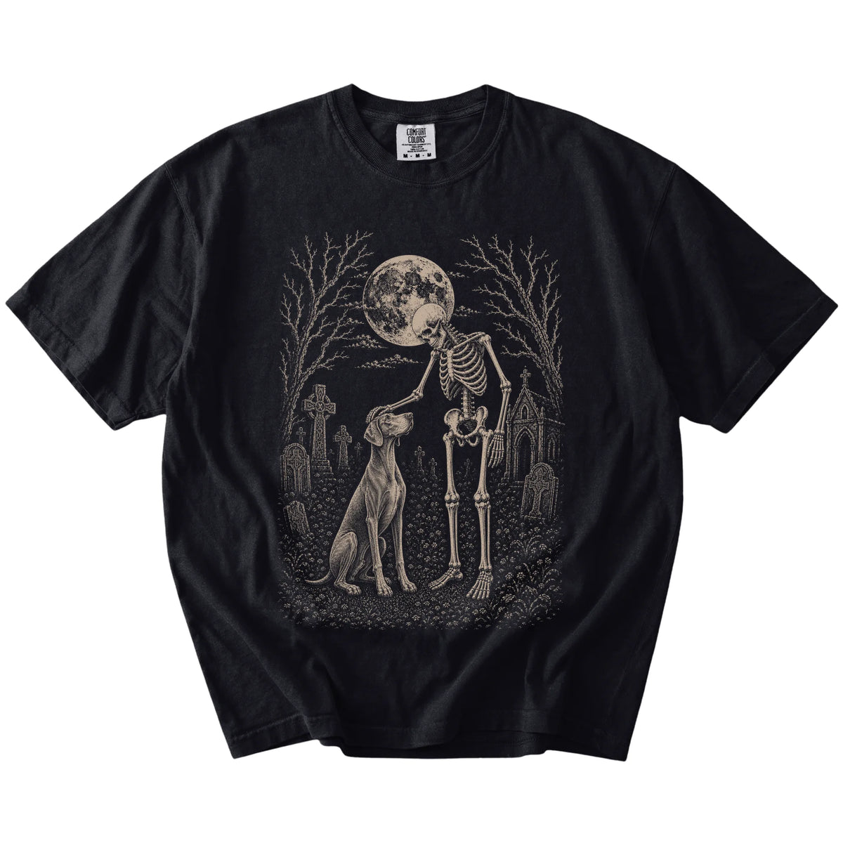 Weimaraner sharing a quiet cemetery moment with a friendly skeleton on a Black Comfort Colors® T-shirt