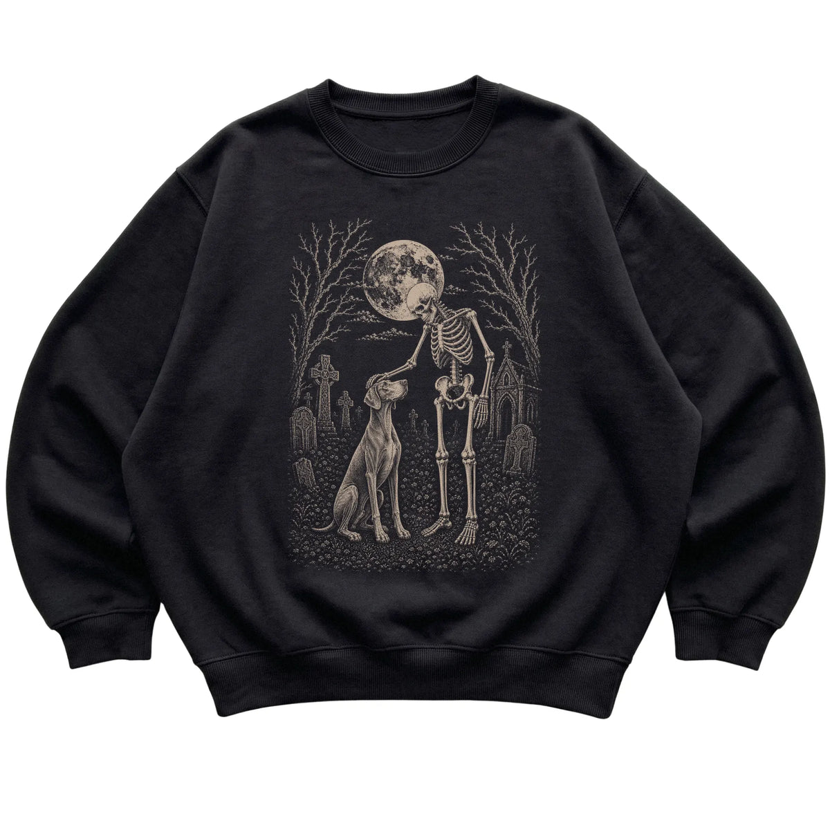 Skeleton petting a Weimaraner in a graveyard on a Black sweatshirt