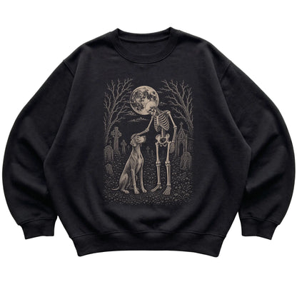 Skeleton petting a Weimaraner in a graveyard on a Black sweatshirt