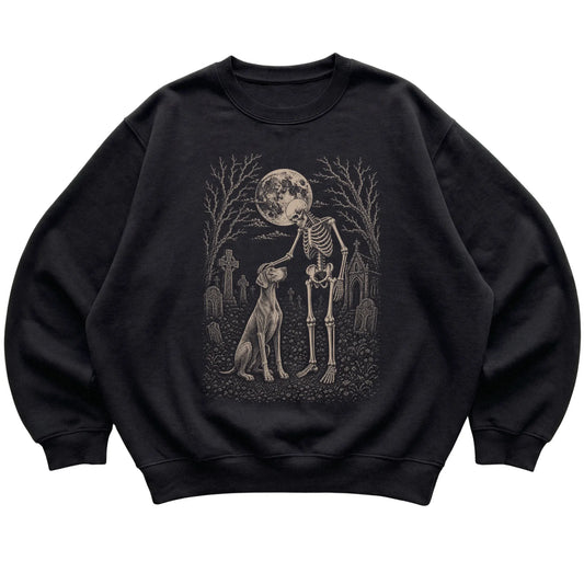 Skeleton petting a Weimaraner in a graveyard on a Black sweatshirt