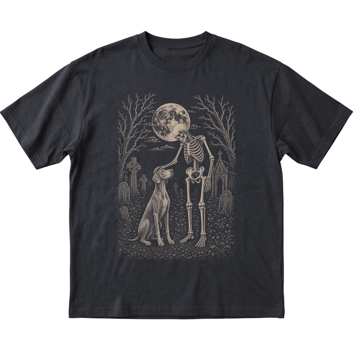 Skeleton petting a Weimaraner in a graveyard on a Black T-shirt