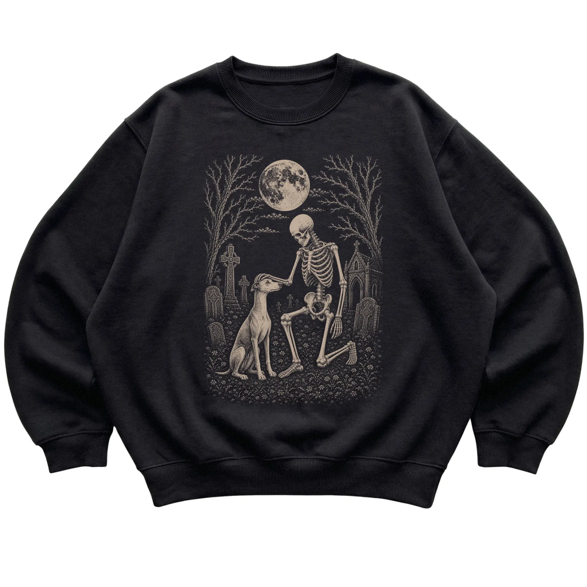 Skeleton petting a Whippet in a graveyard on a Black sweatshirt