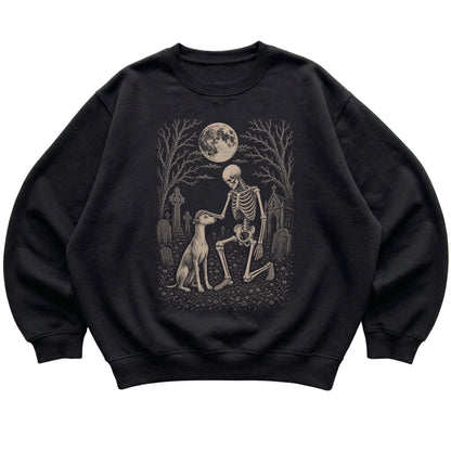 Skeleton petting a Whippet in a graveyard on a Black sweatshirt
