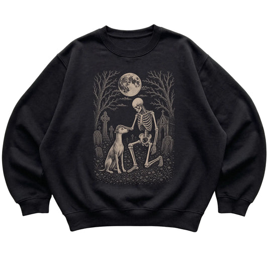 Skeleton petting a Whippet in a graveyard on a Black sweatshirt