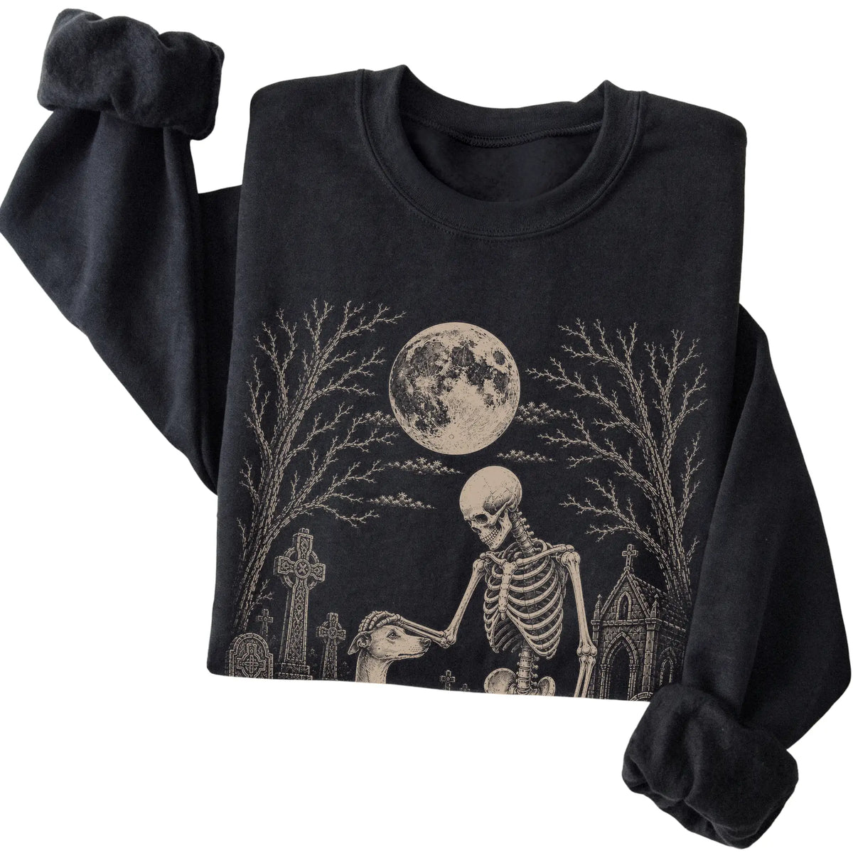 Folded Black sweatshirt with a skeleton petting a Whippet in a graveyard