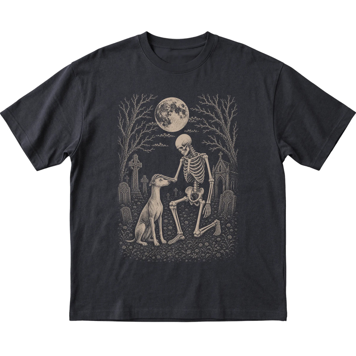 Skeleton petting a Whippet in a graveyard on a Black T-shirt