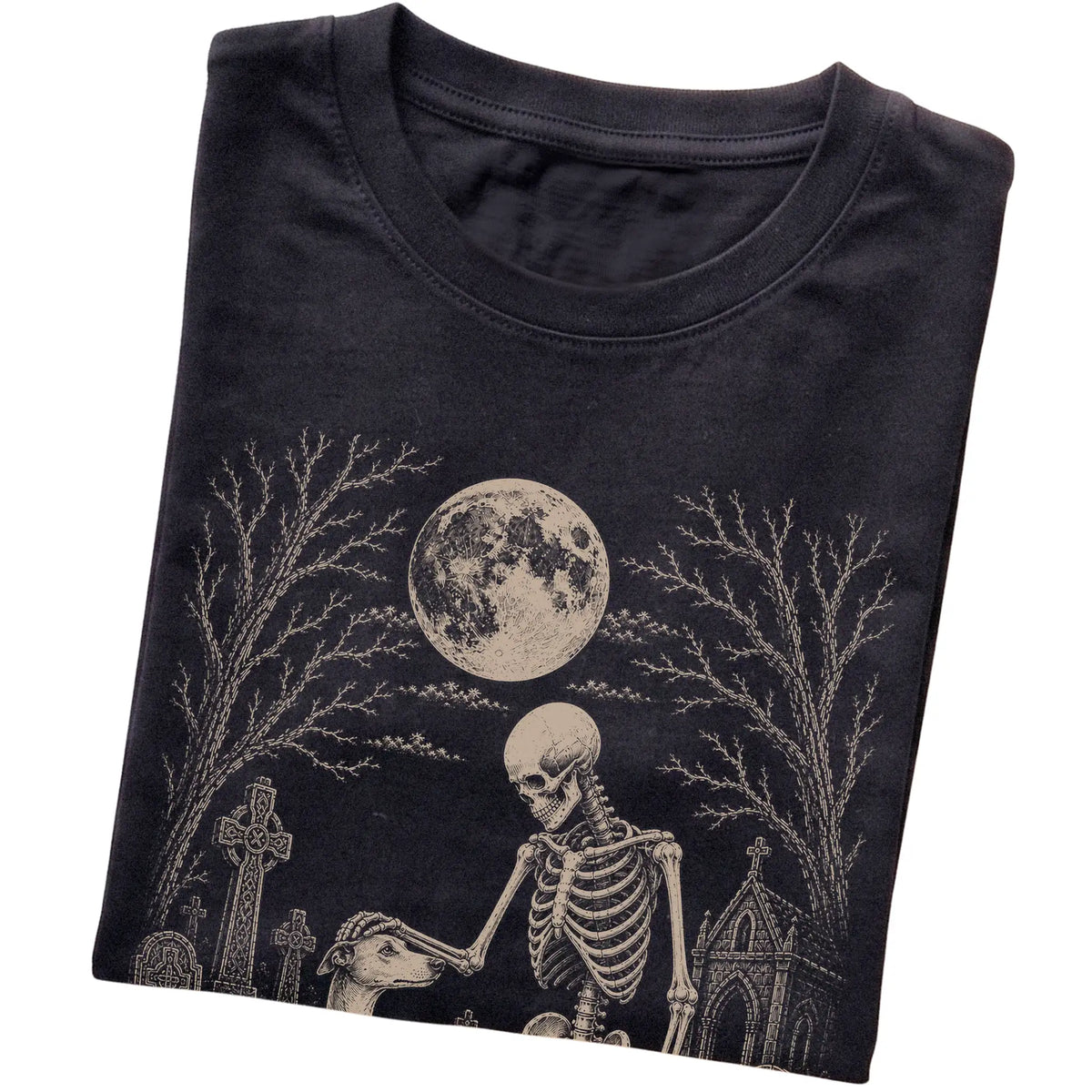 Folded Black T-shirt with a skeleton petting a Whippet in a graveyard