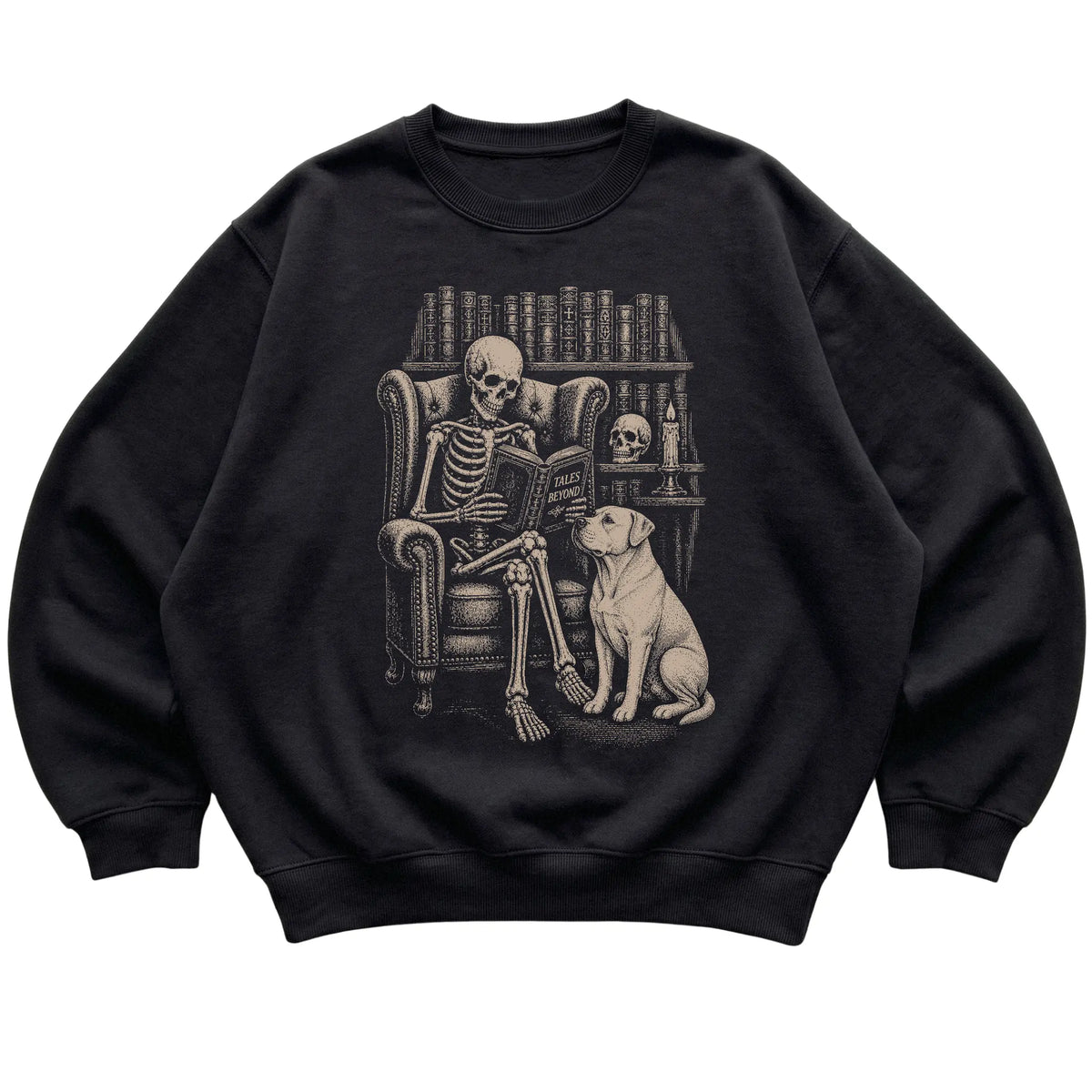 Skeleton reading Tales Beyond to an American Bulldog on a Black sweatshirt