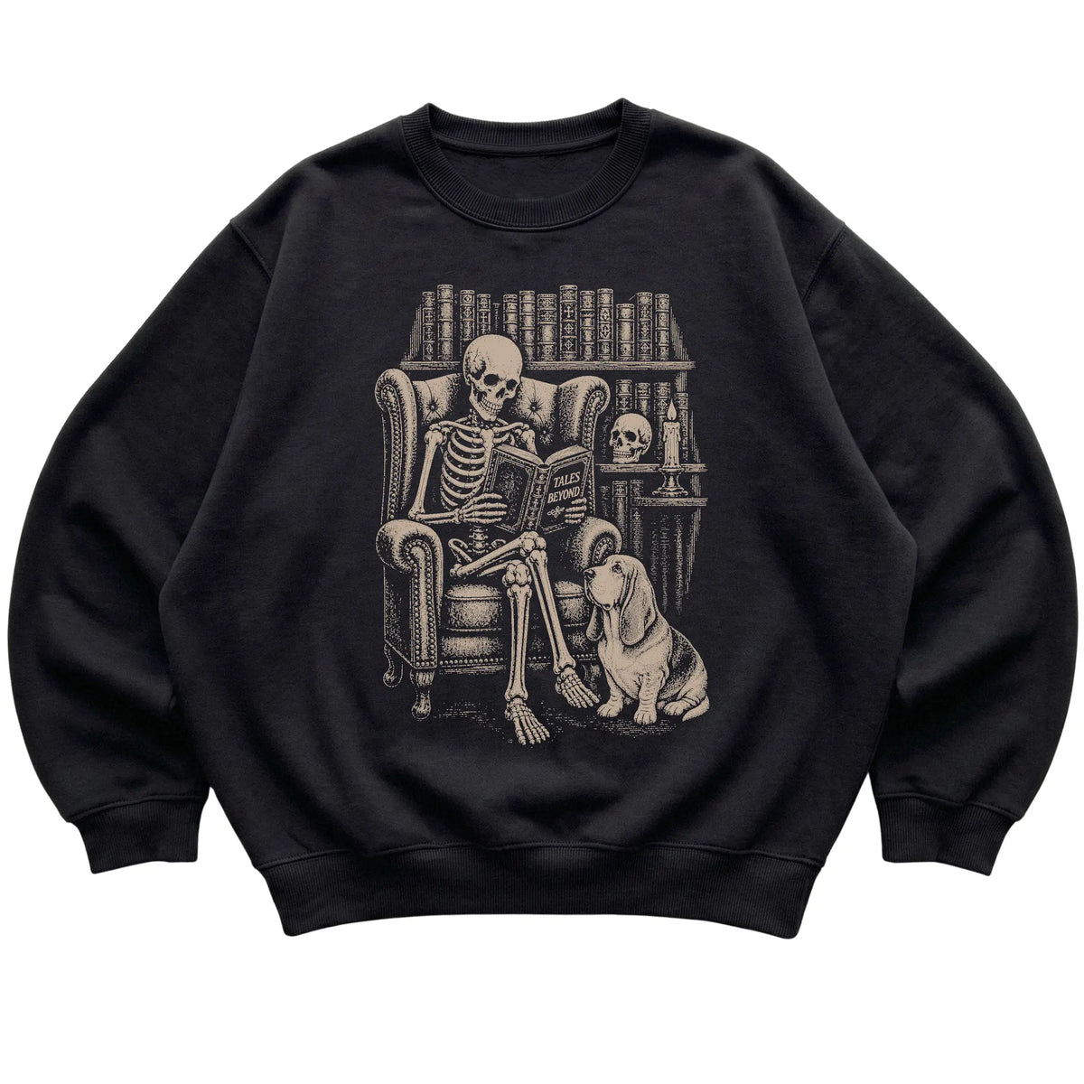 Skeleton reading Tales Beyond to a Basset Hound on a Black sweatshirt