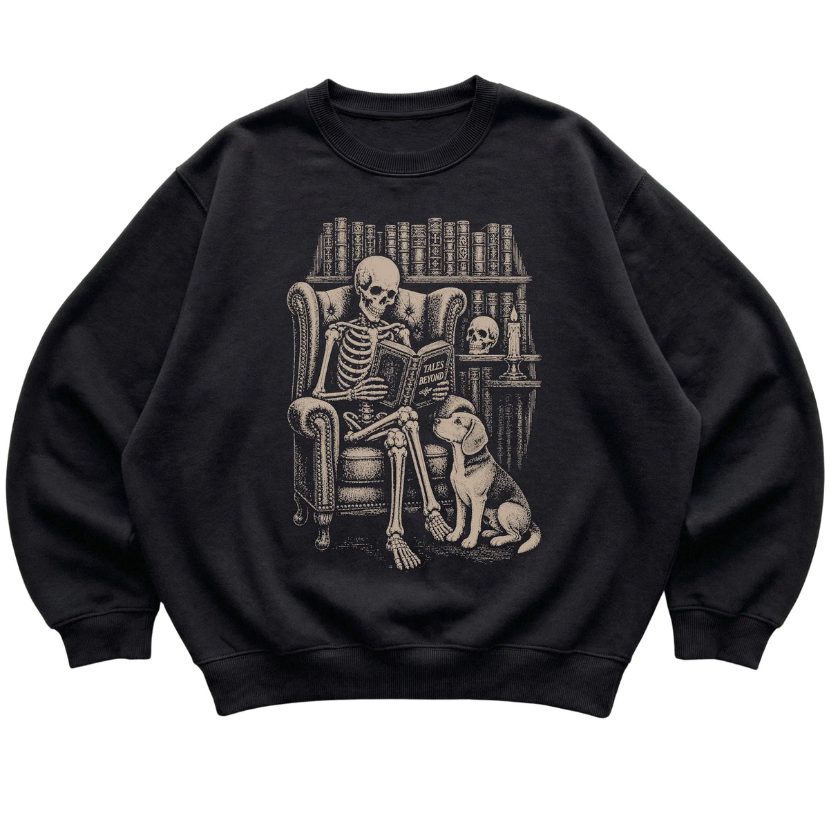 Skeleton reading Tales Beyond to a Beagle on a Black sweatshirt