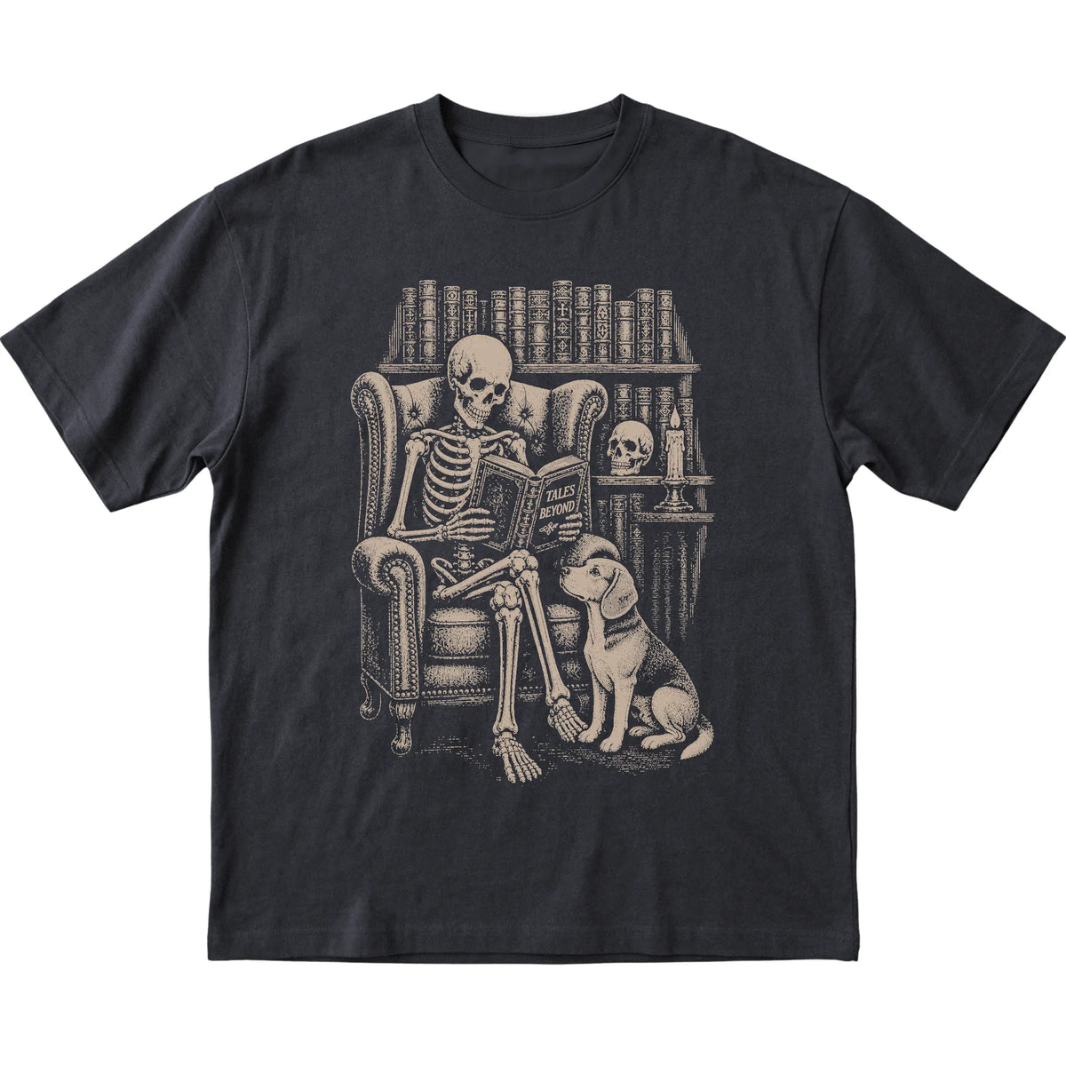 Skeleton reading Tales Beyond to a Beagle on a Black T-shirt