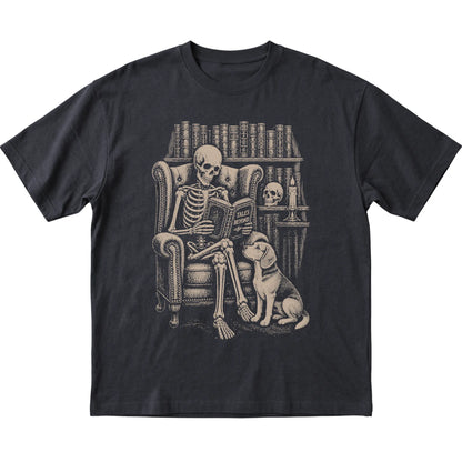Skeleton reading Tales Beyond to a Beagle on a Black T-shirt