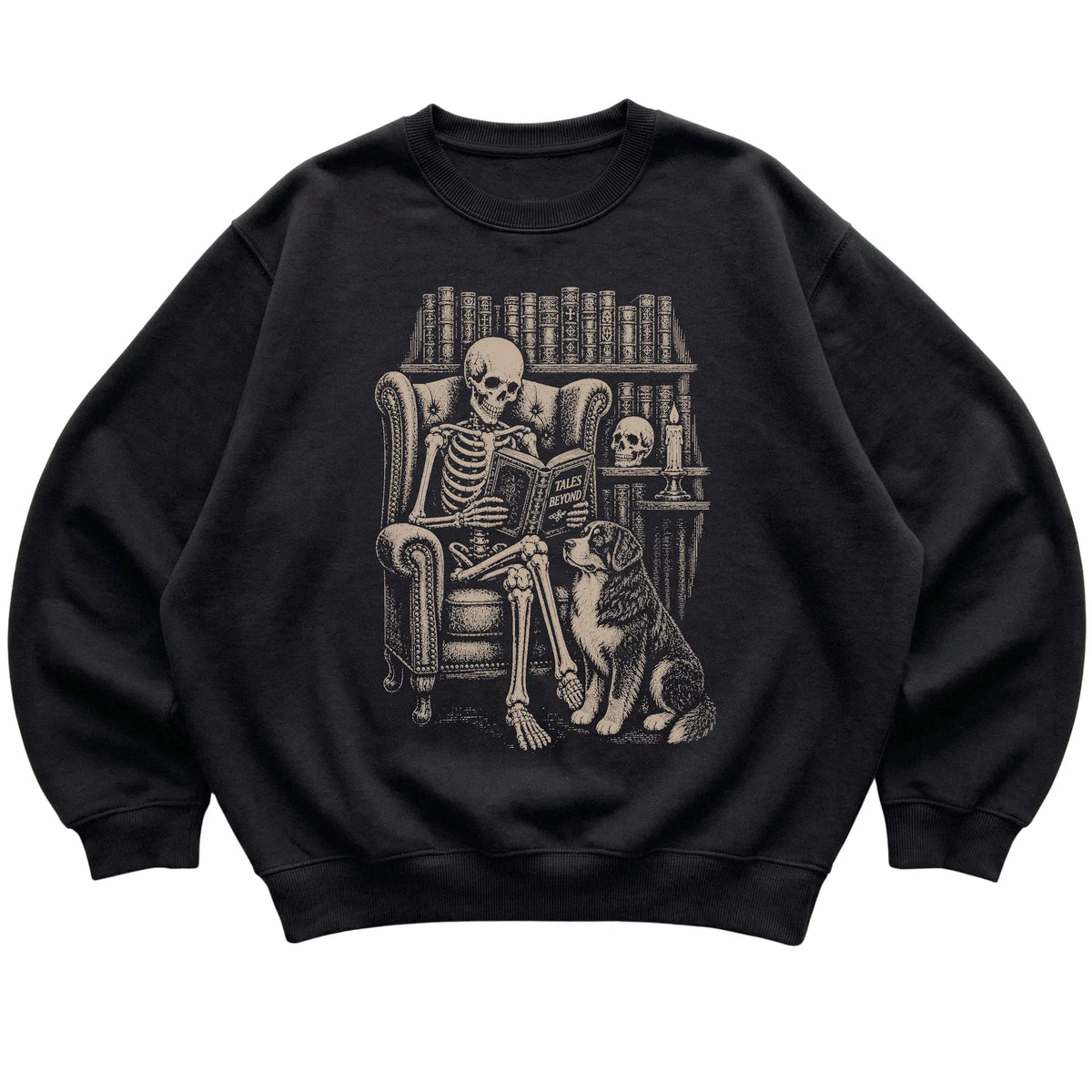 Skeleton reading Tales Beyond to a Bernese Mountain Dog on a Black sweatshirt