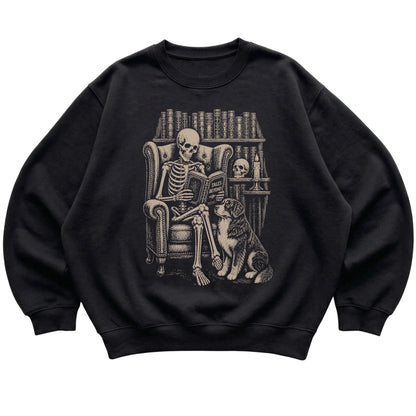 Skeleton reading Tales Beyond to a Bernese Mountain Dog on a Black sweatshirt