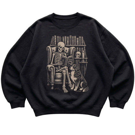 Skeleton reading Tales Beyond to a Bernese Mountain Dog on a Black sweatshirt