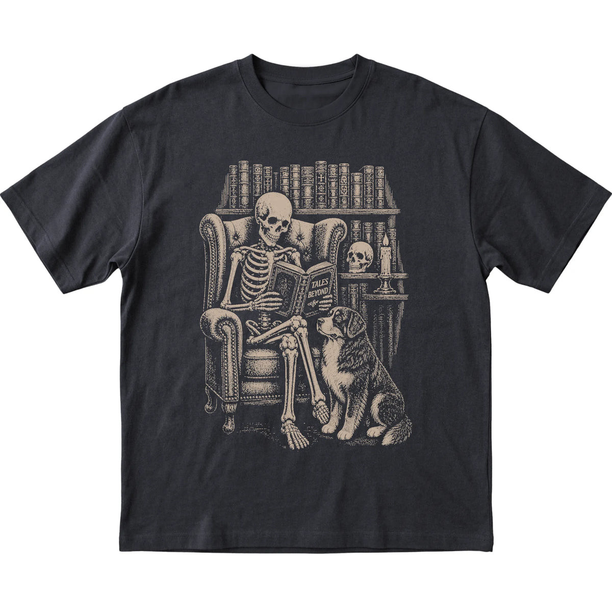 Skeleton reading Tales Beyond to a Bernese Mountain Dog on a Black T-shirt