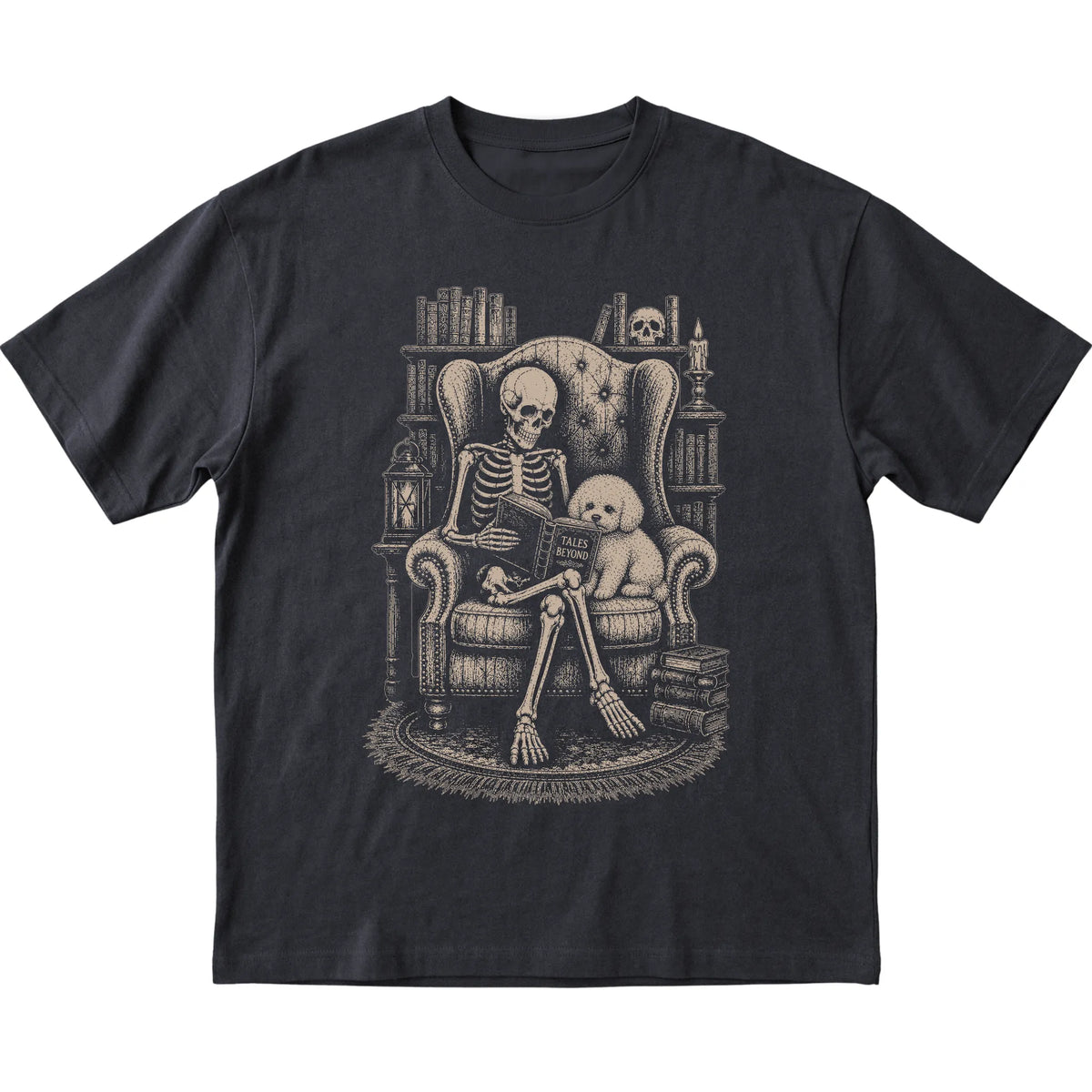 Skeleton reading Tales Beyond to a Bichon Frise on a Black T-shirt