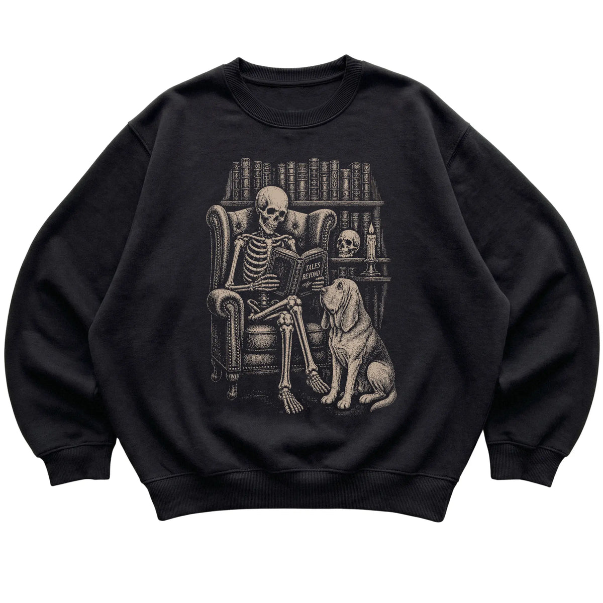 Skeleton reading Tales Beyond to a Bloodhound on a Black sweatshirt