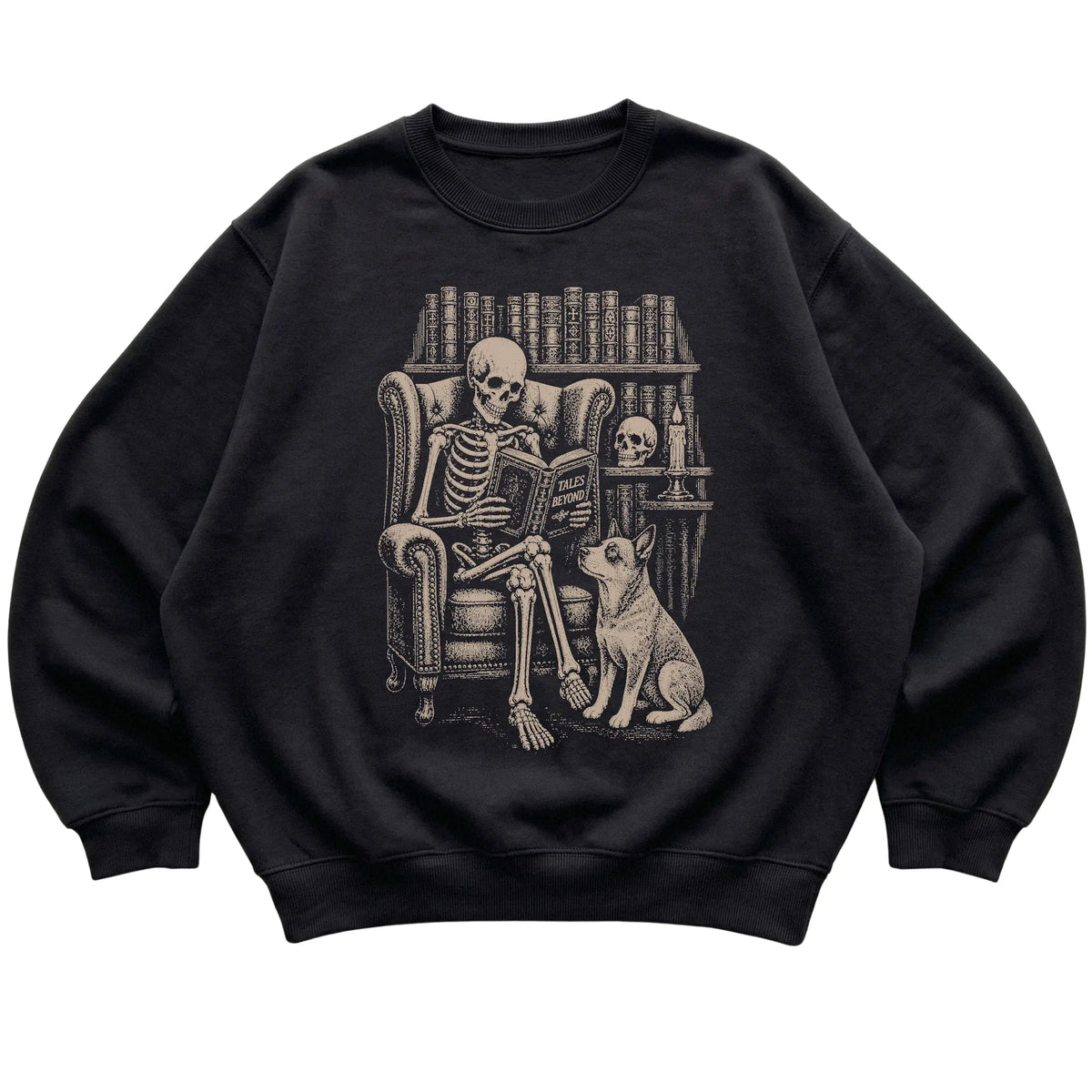 Skeleton reading Tales Beyond to a Blue Heeler on a Black sweatshirt