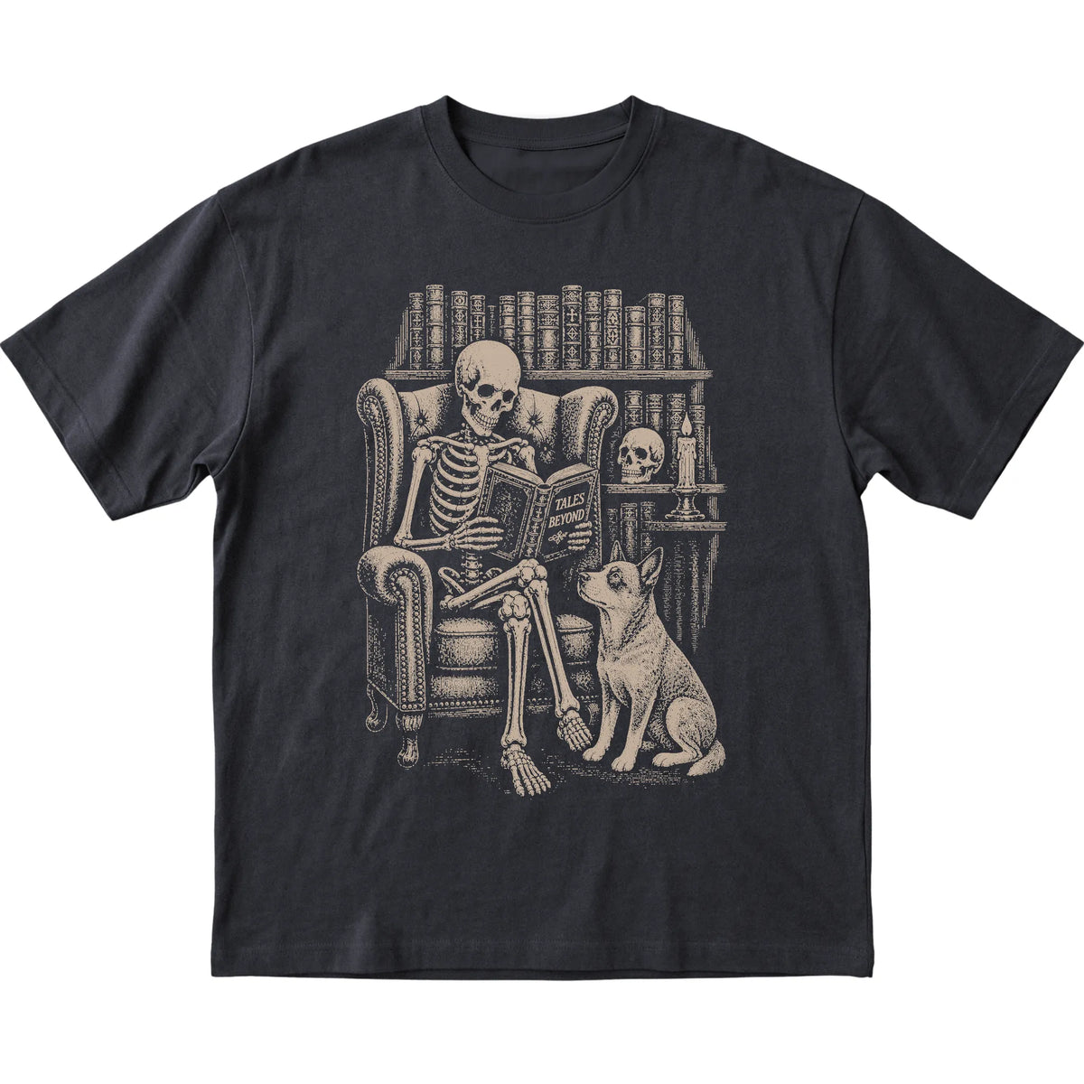 Skeleton reading Tales Beyond to a Blue Heeler on a Black T-shirt