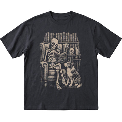 Skeleton reading Tales Beyond to a Border Collie on a Black T-shirt