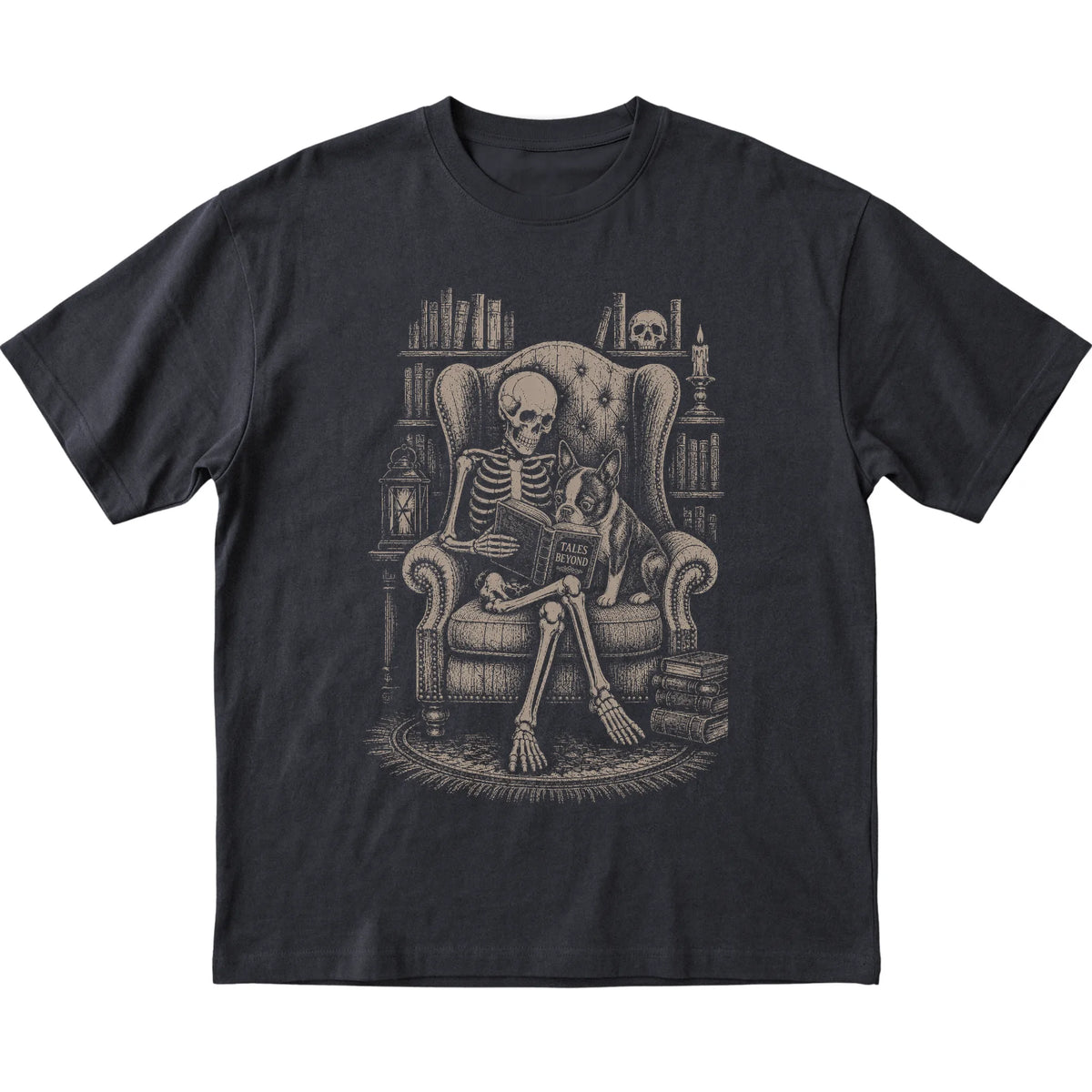 Skeleton reading Tales Beyond to a Boston Terrier on a Black T-shirt
