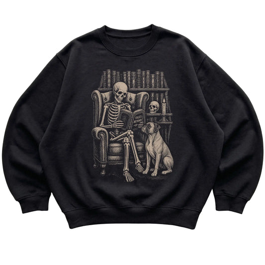 Skeleton reading Tales Beyond to a Boxer on a Black sweatshirt