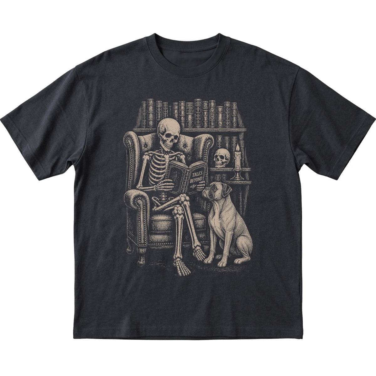 Skeleton reading Tales Beyond to a Boxer on a Black T-shirt