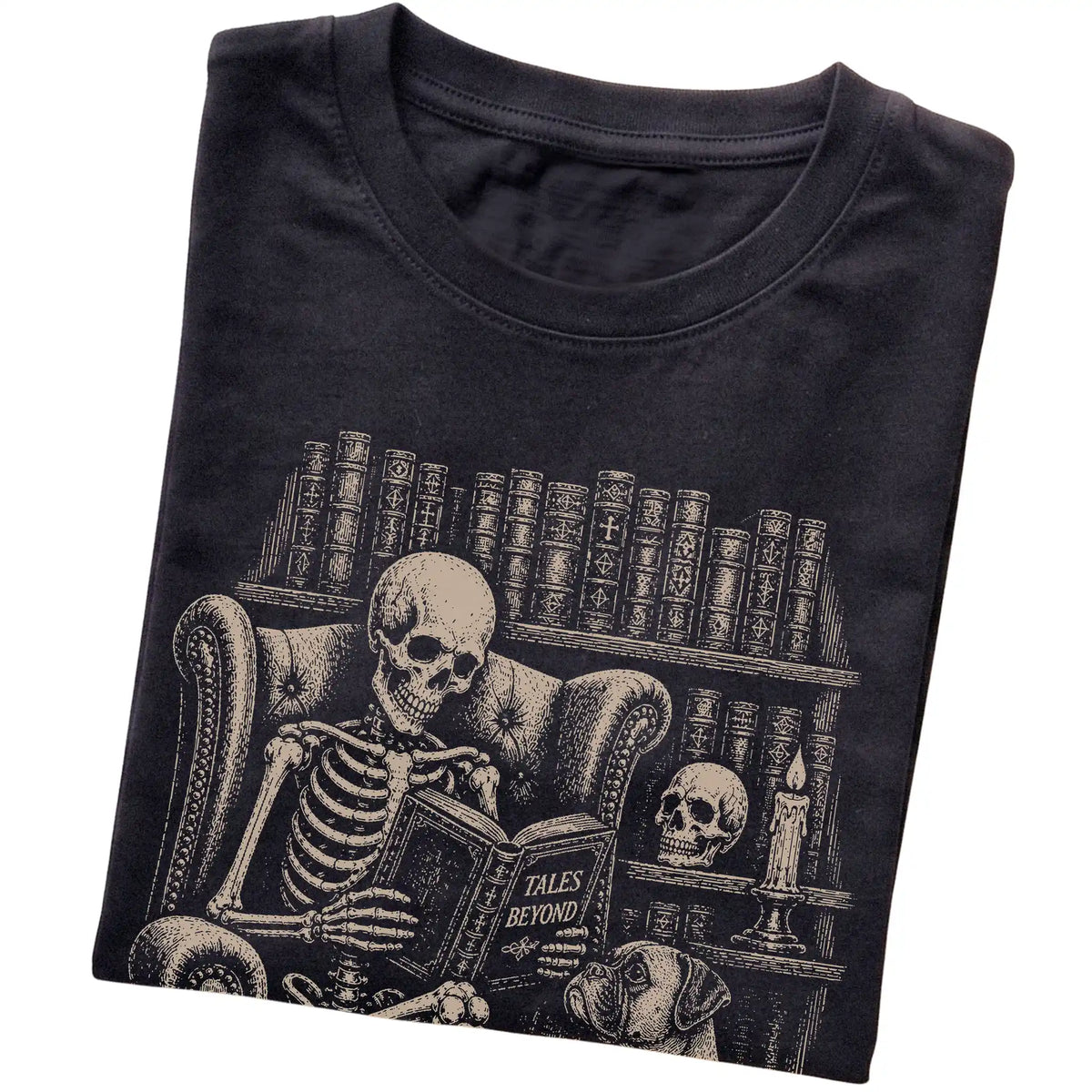 Folded Black T-shirt with a skeleton reading Tales Beyond to a Boxer