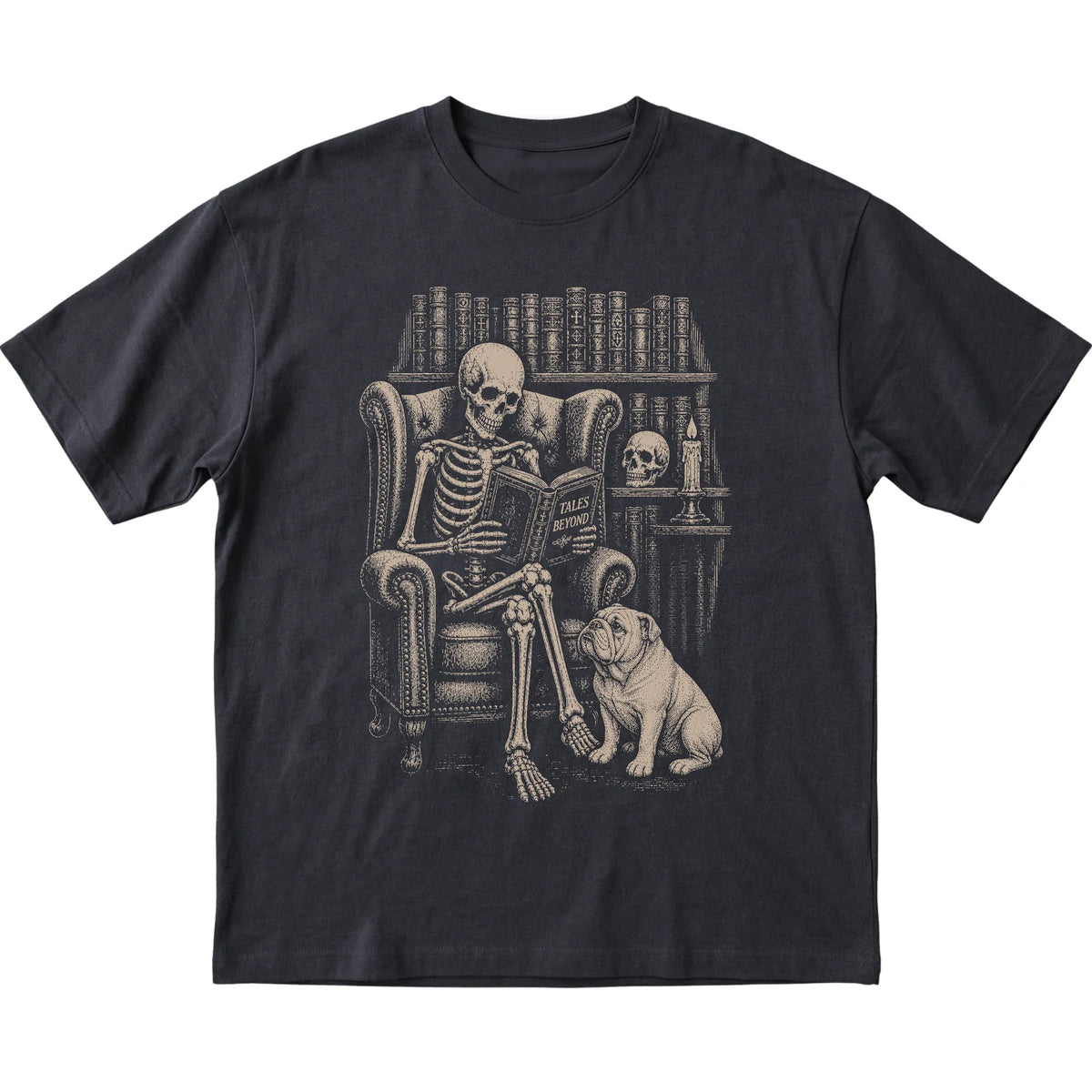 Skeleton reading Tales Beyond to a Bulldog on a Black T-shirt