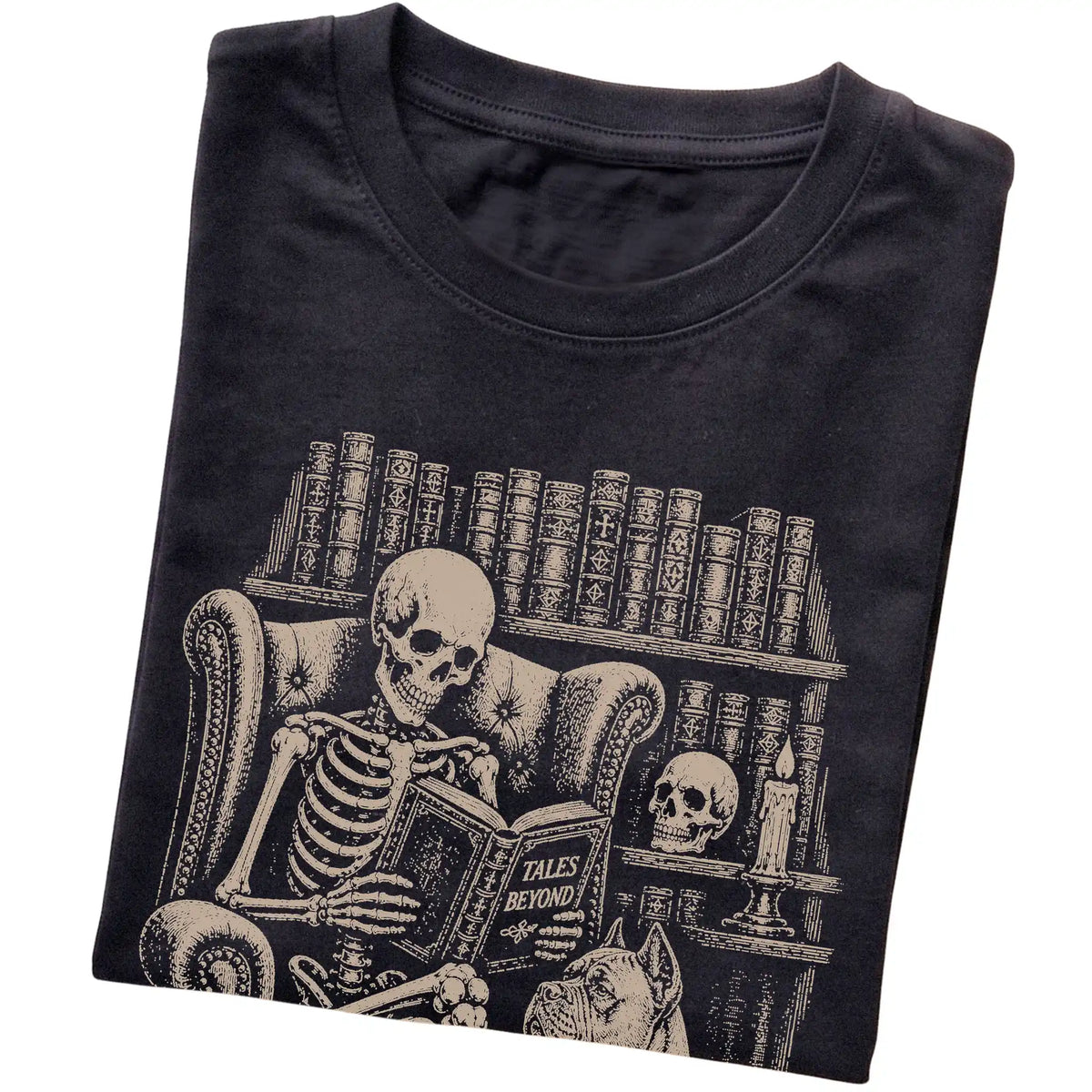 Folded Black T-shirt with a skeleton reading Tales Beyond to a Cane Corso